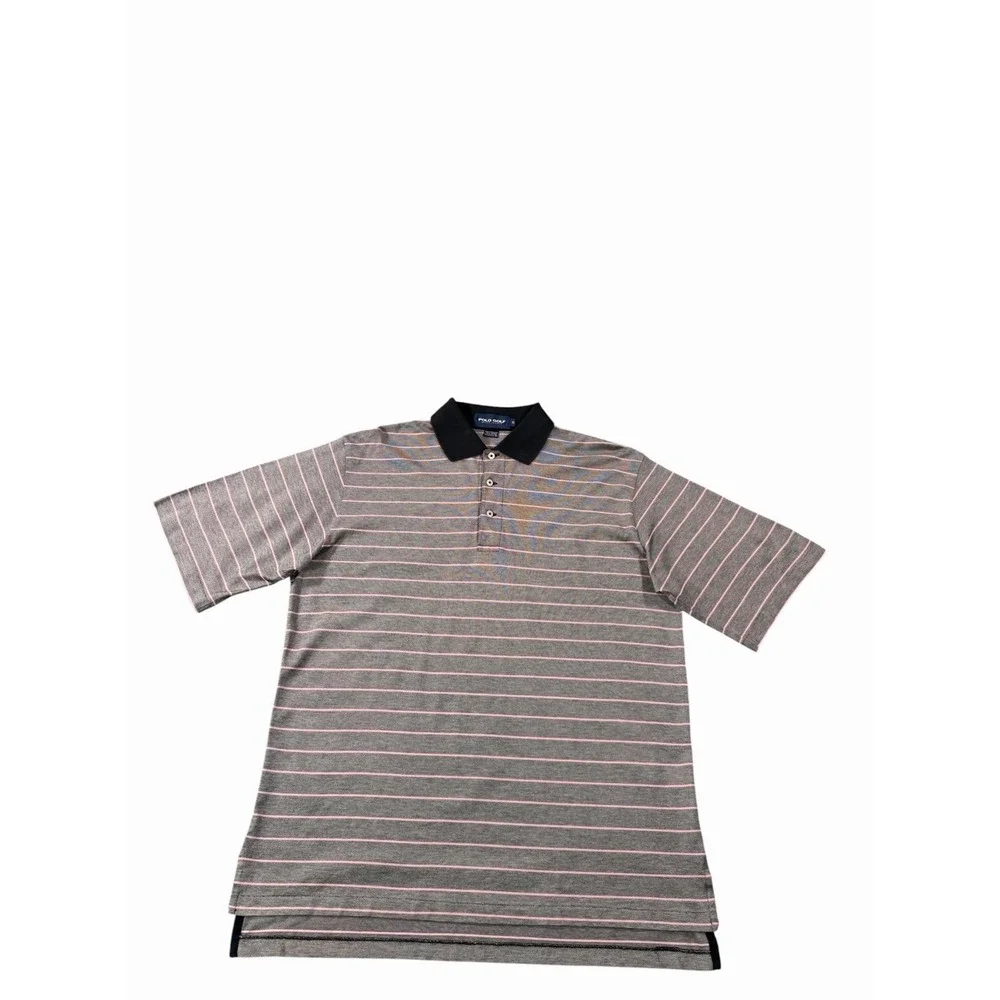 Ralph Lauren Polo Golf Mens Medium  Gray Pink Stripe Cotton Polo Shirt